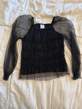Zara Black Sheer Ruffle Puff-Sleeve Top with Sparkle